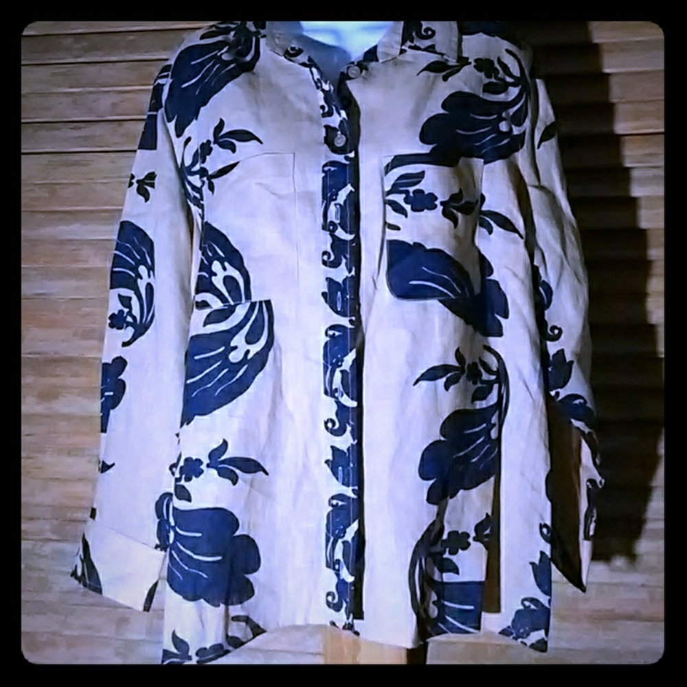 NWOT LINEN BLUE/ECRU PRINT L/S SHIRT